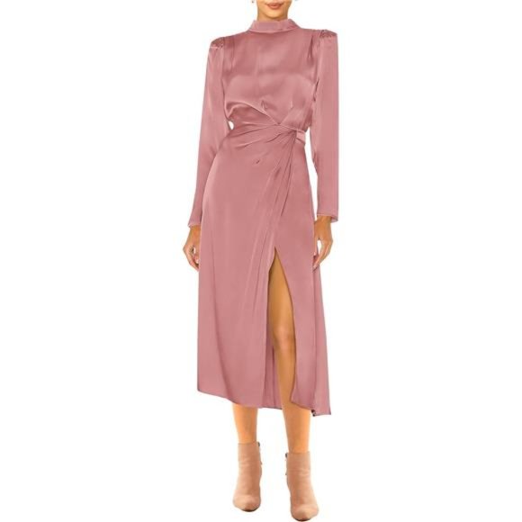 Straight Neck Ruched Satin A-line Maxi Dress With Pockets Slit